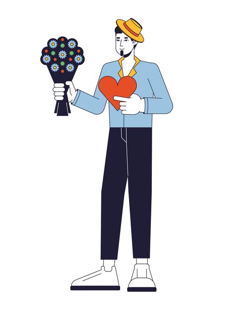 Vector lover flat line color vector character romantic man holding bouquet and sweets editable outline full body person on white simple cartoon spot illustration for web graphic design