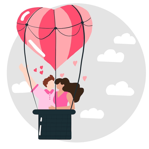 Любовник парит в небе на воздушном шаре в форме сердца пара на воздушном шаре