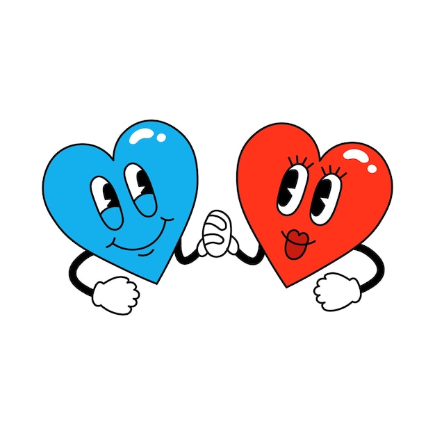 Lover hearts Blauwe en rode harten hand in hand Trendy retro cartoon stickers