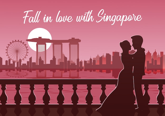 Любовник обнимает рядом знаменитую достопримечательность Сингапура