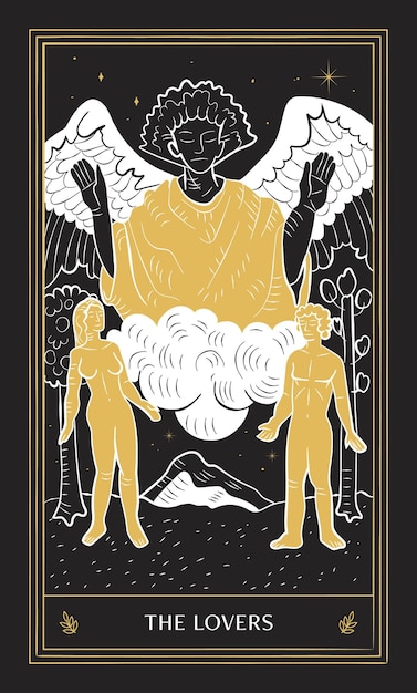 The Lover Tarot Card in Major Arcana with Black Gold and White Hand Drawn Vector Doodle Style