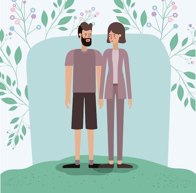 Vector lovers couple in the grass with leafs frame