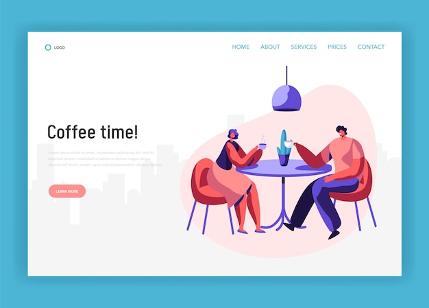 Vector lovers couple or pair friend sit at table drink coffee have discussion landing page. smiling man and woman friendly meeting at cafe website or web page. flat cartoon vector illustration