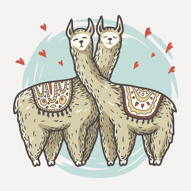 Вектор Влюбленные милые ламы альпаки влюблены в сердца