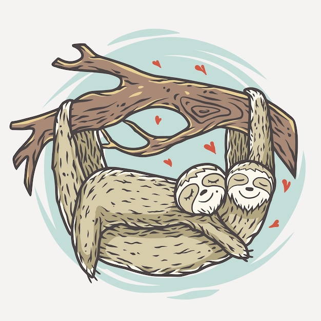 Lovers cute sloths and branch with valentine heart