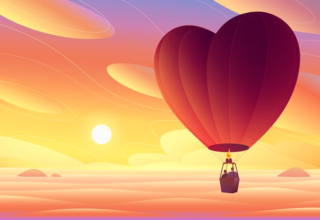 Vector lovers fly in a hot air balloon sunset