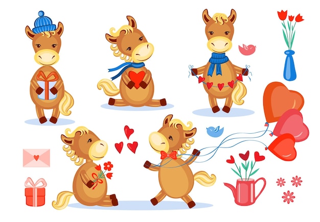 Vector lovers horses vector set kid cartoon animal pose domestic cute foal isolated on white farmer animals character design for greeting card children invitation creation of alphabet valentines day