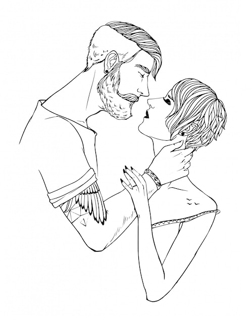 Lovers kiss, girl and guy with stylish hairstyles. couple in love. black and white hand drawn illustration. fashion hipsters.