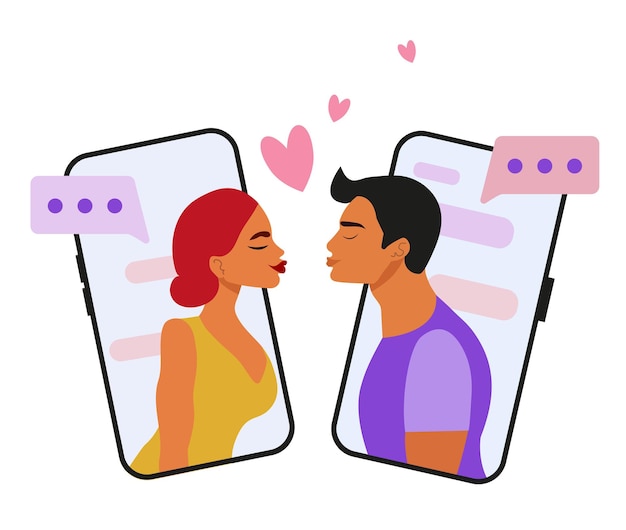 Lovers send love messages and kisses over the phone. Valentine's day. Cartoon vector illustration