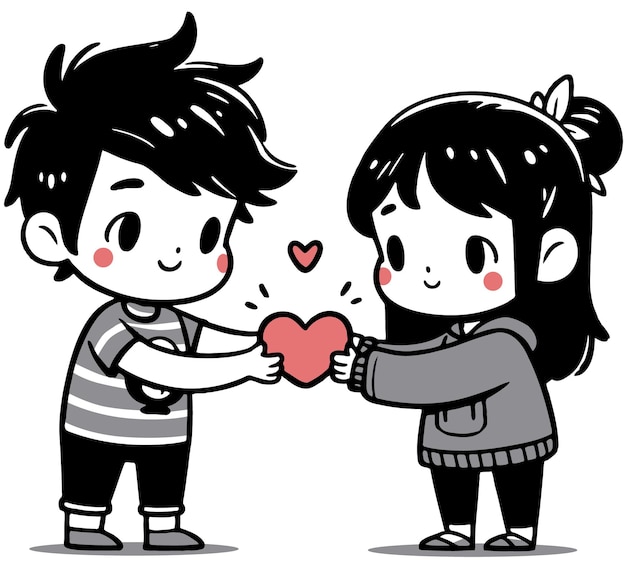 Lovestruck pair holding a heart portrayed in a minimalist vector cartoon format