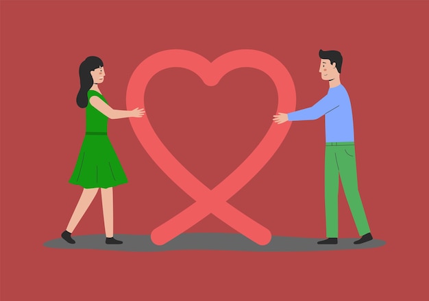 Fidanzato amorevole che presenta un cuore enorme alla fidanzata in onore di felice giorno di san valentino uomo che fa proposta alla donna relazioni umane felicità sorpresa amore cartone animato stile piatto illustrazione vettoriale