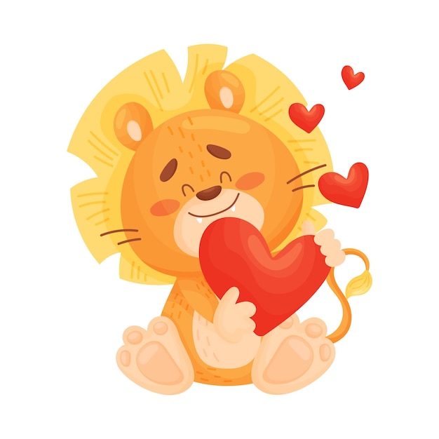 Loving cartoon lion cub sitting and holding a big red heart Vector illustration on a white background