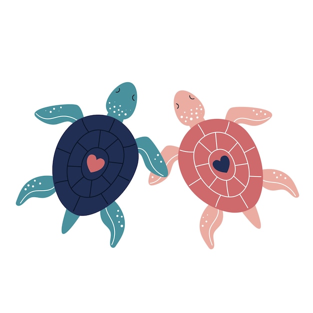 Amorevole coppia di simpatiche tartarughe marine animali subacquei fauna marina illustrazione vettoriale per san valentino