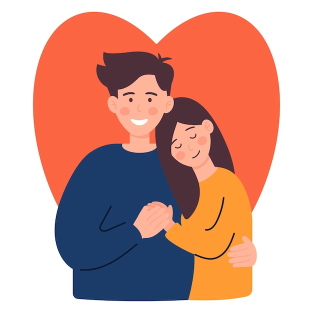 사랑하는 커플이 심장 모양 앞에서 포옹하는 발렌타인 데이의 만적 인 일러스트레이션