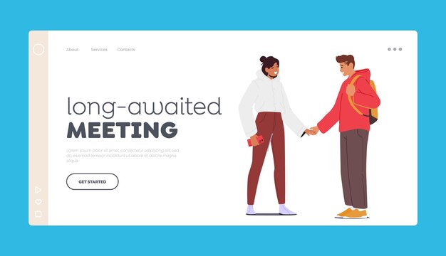 Vector loving couple romantic relations landing page template male and female characters holding hands vector illustration