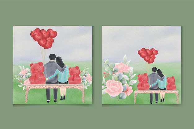 ベクトル セット水彩人形ハート型気球風景とベンチに座っている愛情のあるカップル