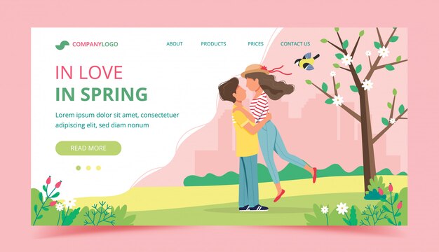 Vector loving couple in spring with landscape