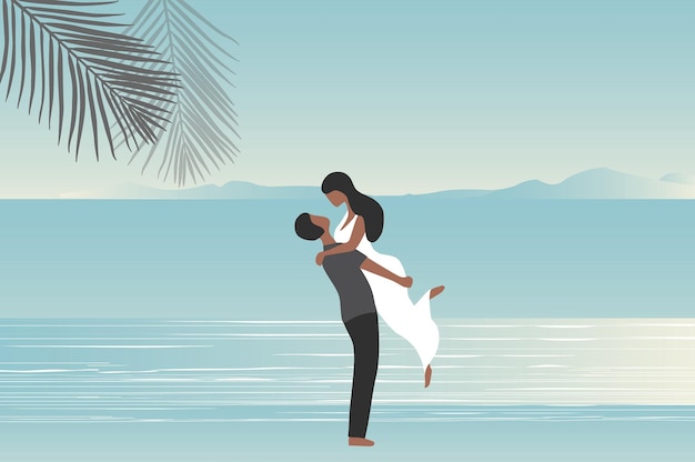 Vector loving couple standing on sunset beach vector illustration happy valentine s day honeymoon