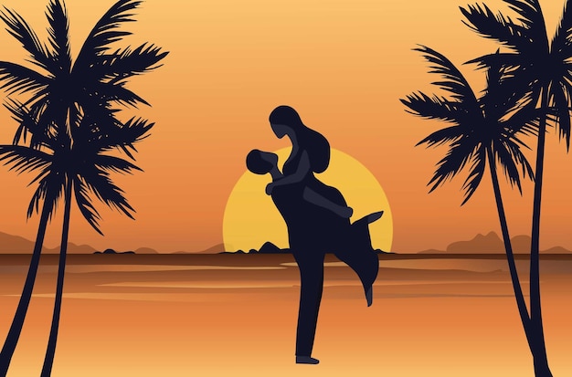 Vector loving couple standing on sunset beach vector illustration happy valentine s day honeymoon