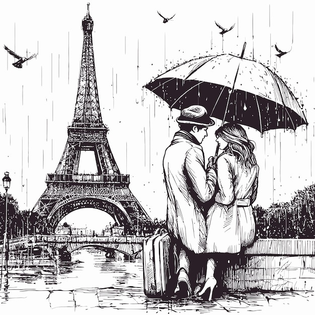 loving couple under umbrella rain Paris sketch vector