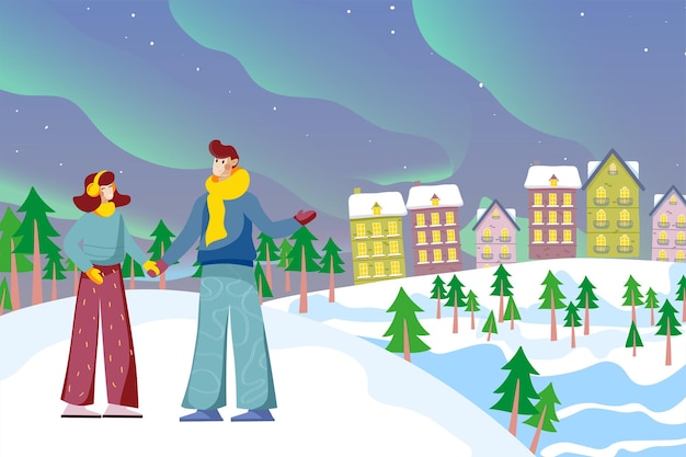 Coppia di innamorati che guardano l'aurora boreale insieme nel paesaggio invernale di sfondo del paesaggio urbano