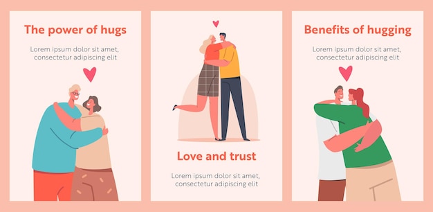 Loving couples hug cartoon banners, romantic relations concept. happy men and women embracing and hugging. male female characters dating, love, connection, romance feelings. people vector posters