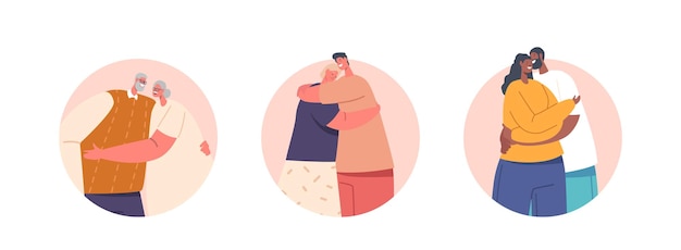 Loving Couples Hugging Isolated Round Icons Old and Young Men or Women Holding Hands Embracing Happy Relationship