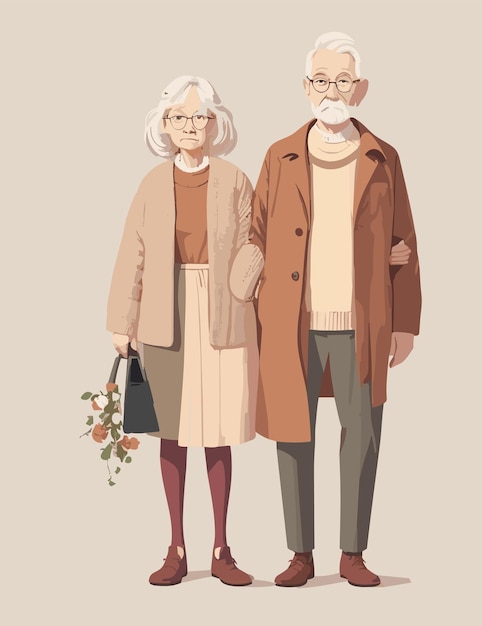 흰색 단색 배경의 평면 그림으로 사랑하는 유럽 조부모