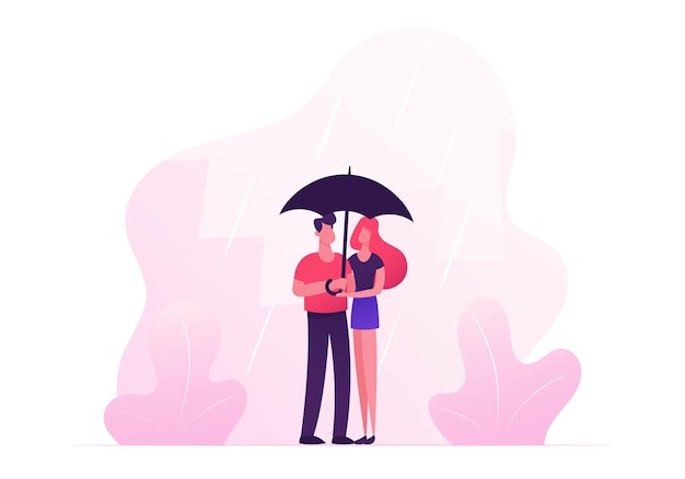 사랑하는 행복한 커플 포옹, 손을 잡고 비오는 가을 날씨에 우산 아래 걷기