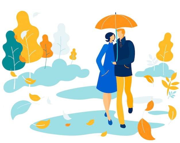 公園で傘の下で愛する幸せなカップル寄り添う