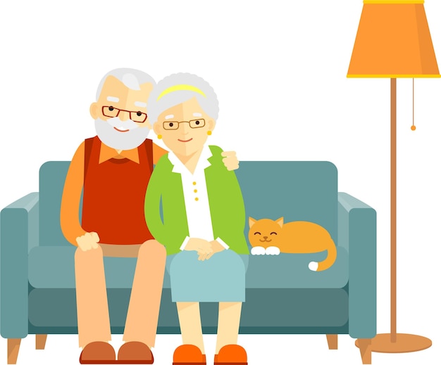 Loving Happy Elderly Couple Man and Woman Sits Embracing on Couch with Cat