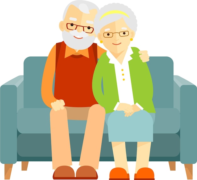 Loving happy elderly couple man and woman sits embracing on couch