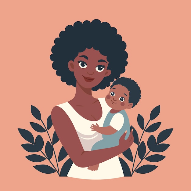 a loving mother holding her baby with a smile and leaves on the background