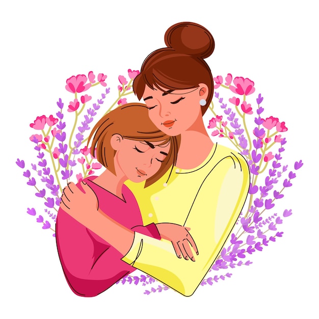 loving mother hugging her teenage daughter with floral background vector illustration
