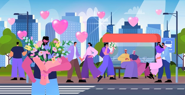 Loving people celebrating happy valentines day men women in love walking outdoor on city street cityscape background horizontal vector illustration