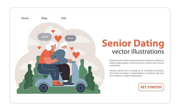 Vector loving senior couple rides a scooter amidst nature sharing romantic moments and conversations under