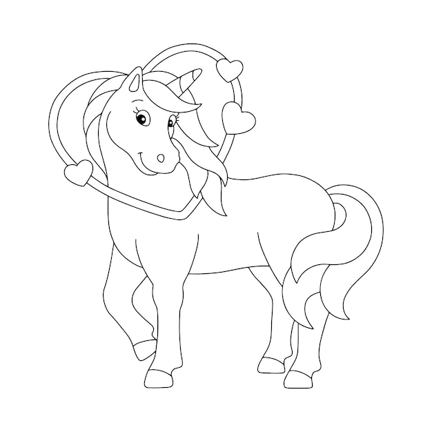 Vector loving unicorn coloring book page for kids valentines day