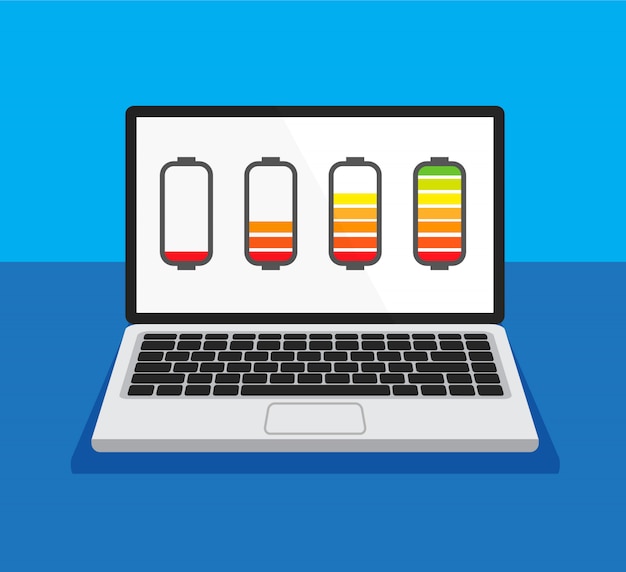 Low battery concept. discharged and fully charged battery laptop. computer monitor with set of batteries charge level indicators. flat design.