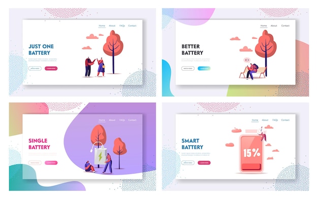 Low battery landing page template set. characters charge devices, mobile phones and gadgets.