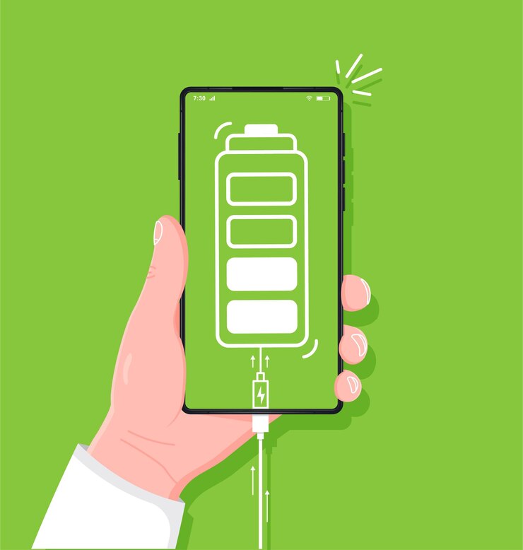 Low battery life of mobile phone battery icon on green background smartphone