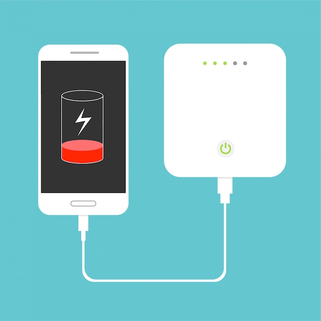 Low battery. Smartphone charging with external power bank. Database storage device concept. Flat design. illustration.