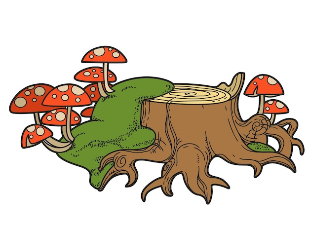 Low big stump with poison mushrooms fly agaric and moss color variation for coloring page isolated on white background