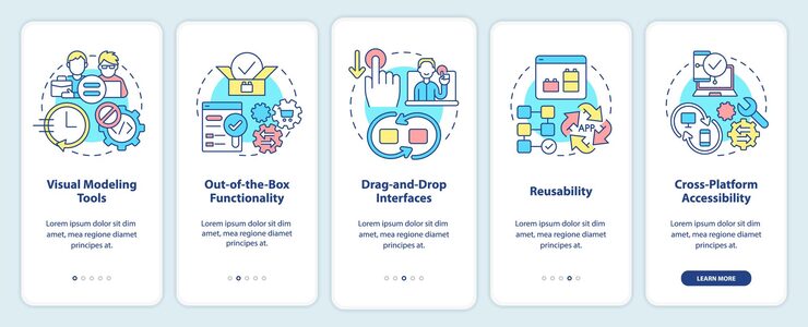 Vector ローコードプラットフォームは、モバイルアプリ画面のオンボーディング機能を備えています。 web 30ウォークスルー線形概念を備えた5ステップのグラフィック指示ページ。 ui、ux、guiテンプレート。無数のプロ-太字、通常のフォントを使用