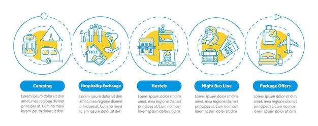 Low cost rest vector infographic template. Budget rest on vacation presentation design elements. Data visualization with five steps. Process timeline chart. Workflow layout with linear icons