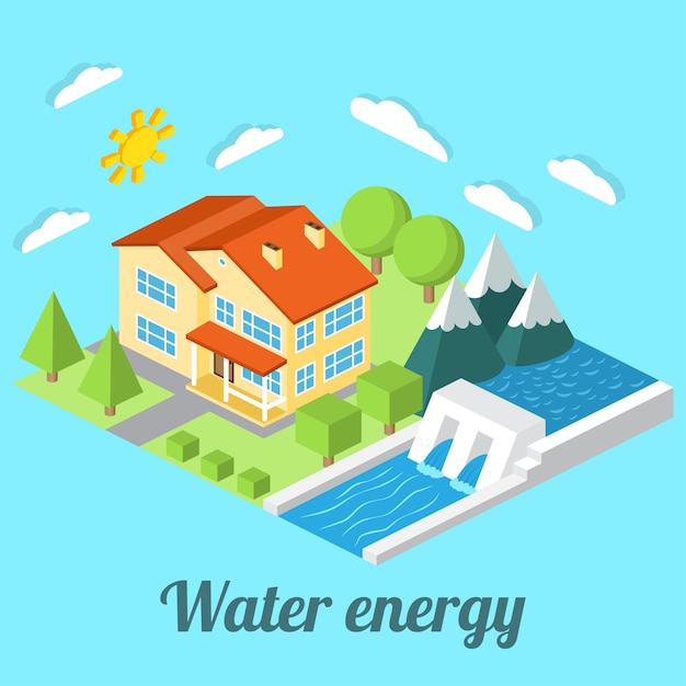 Casa a basso consumo energetico con centrale idroelettrica per il web design mobile illustrazione vettoriale