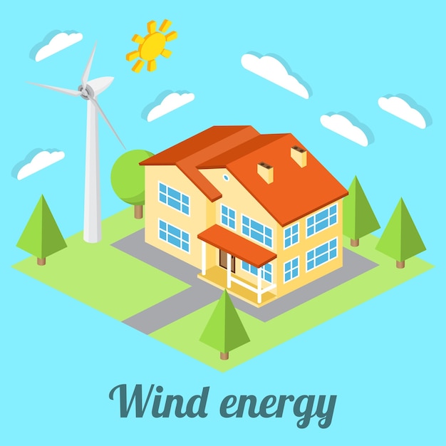 Casa a basso consumo energetico con turbina eolica per il web design illustrazione vettoriale