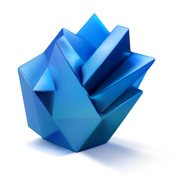 Vector low poly 3d shape as a abstract crystal polyhedron in blue color with a shadow on a white background