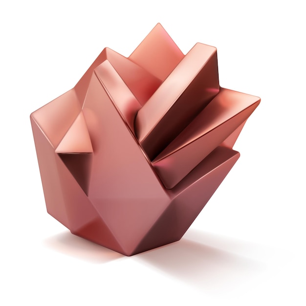 Low poly 3d shape as a abstract crystal polyhedron in bronze color with a shadow on a white background