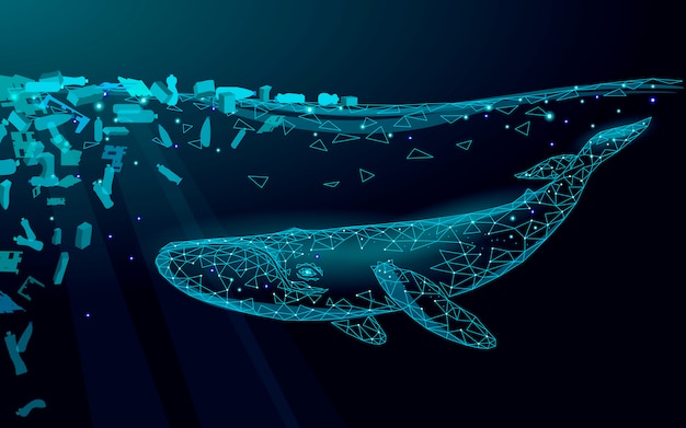 Low poly 3d whale plastic ocean pollution swimming undersea. water surface dark night glowing wave garbage. save help survive humpback whale marine wild life. triangle polygonal illustration