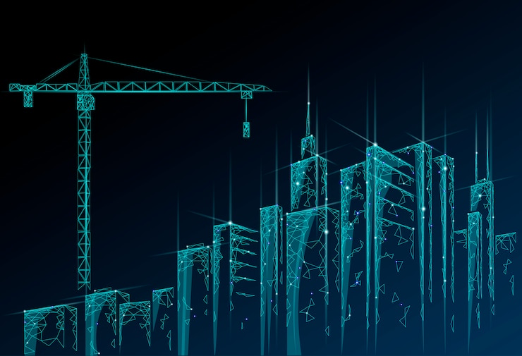 Vector low poly building under construction crane. industrial modern business technology. abstract polygonal geometric  cityscape urban silhouette. high tower skyscraper night blue sky  